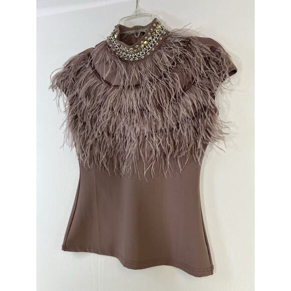 Gracia Taupe Stretch Short Sleeve Blouse with Ostrich Feather Trim Women’s S - Picture 3 of 12